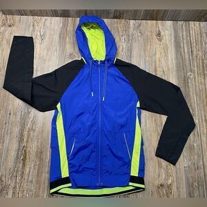 Russell Jacket Mens Size Small Blue Black Hood Drawstring Zipper Pockets Vented